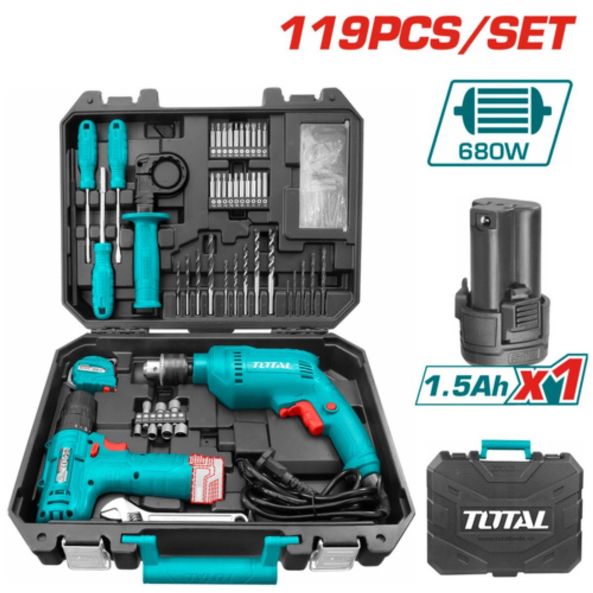 TOTAL TOOLS - Kit de Herramientas con Taladro Percutor y Destornillador-THKTHP1192
