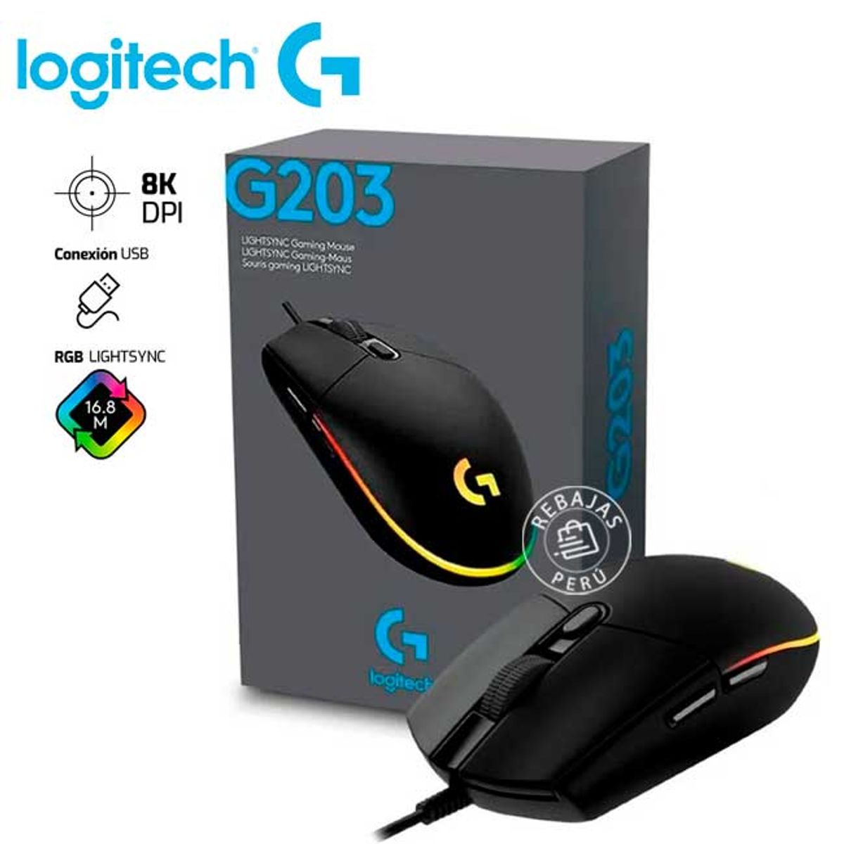 LOGITECH - Mouse Gaming Logitech G203 Lightsync RGB 8 000 DPI 6 Botones USB Negro