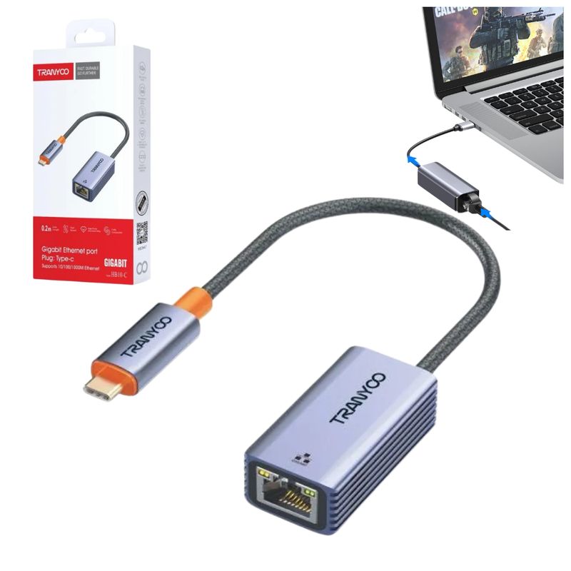 TRANYOO - Adaptador  de Internet Tipo C a Red RJ45  1000 Mbps Laptop y MacBook