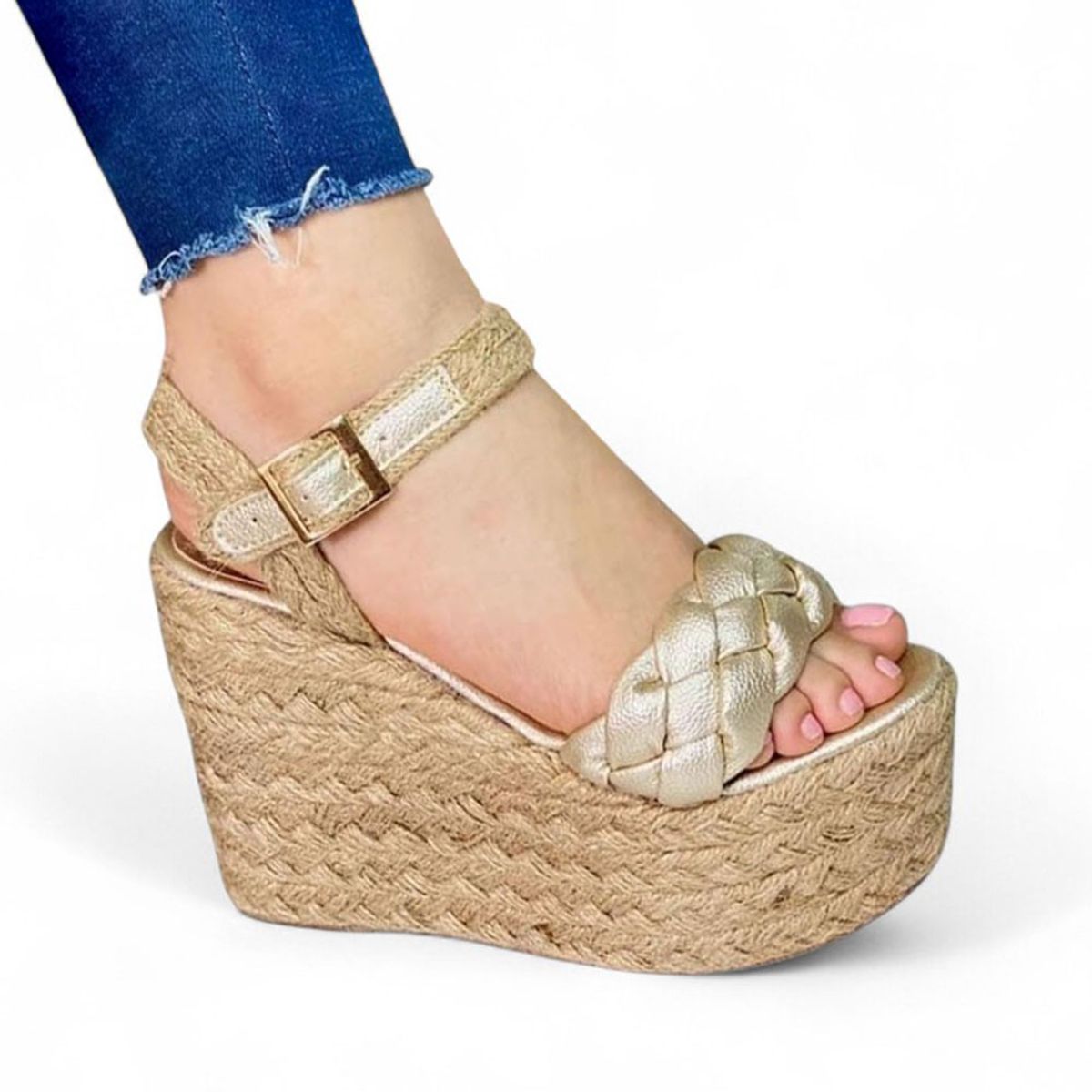 GENERICO - Sandalia Mujer Trensa Plataforma 15 Yute 2086-55 Color Dorado
