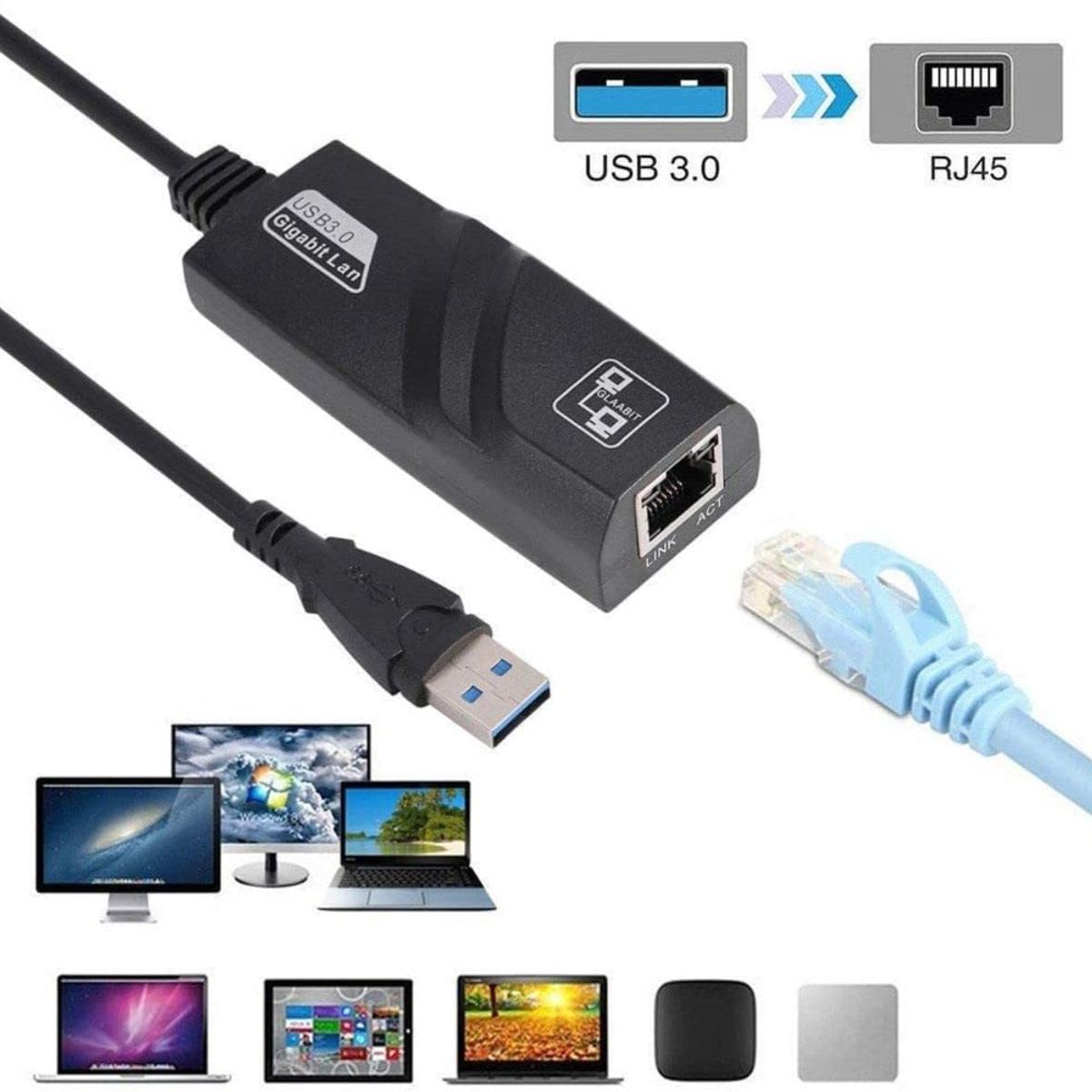OEM - Adaptador de Red Ethernet RJ45 con Cable USB 3,0 a Gigabit LAN para PC