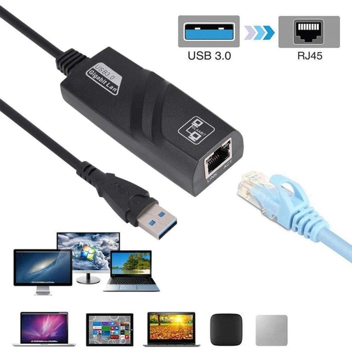 OEM - Adaptador de Red Ethernet RJ45 con Cable USB 3,0 a Gigabit LAN para PC