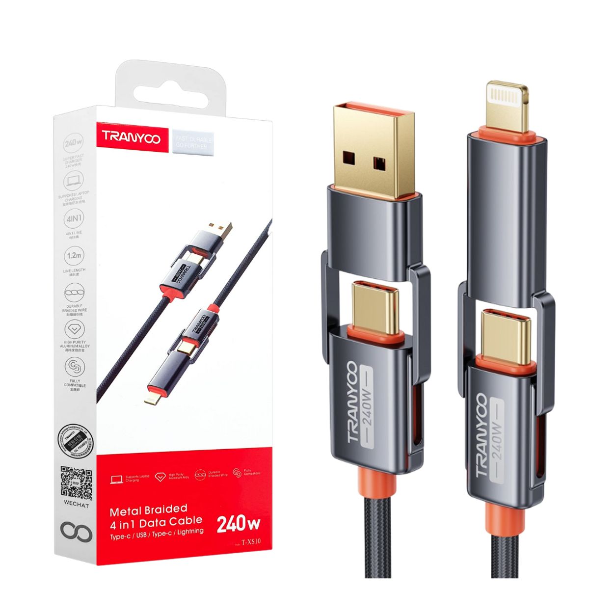 TRANYOO - Cable 4 en 1 USB Type C  Lightning  Carga Rápida 240W Macbook Laptops Celular
