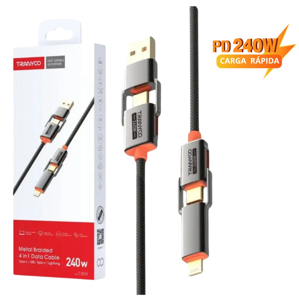 TRANYOO - Cable 4 en 1 USB Type C  Lightning  Carga Rápida 240W Macbook Laptops Celular