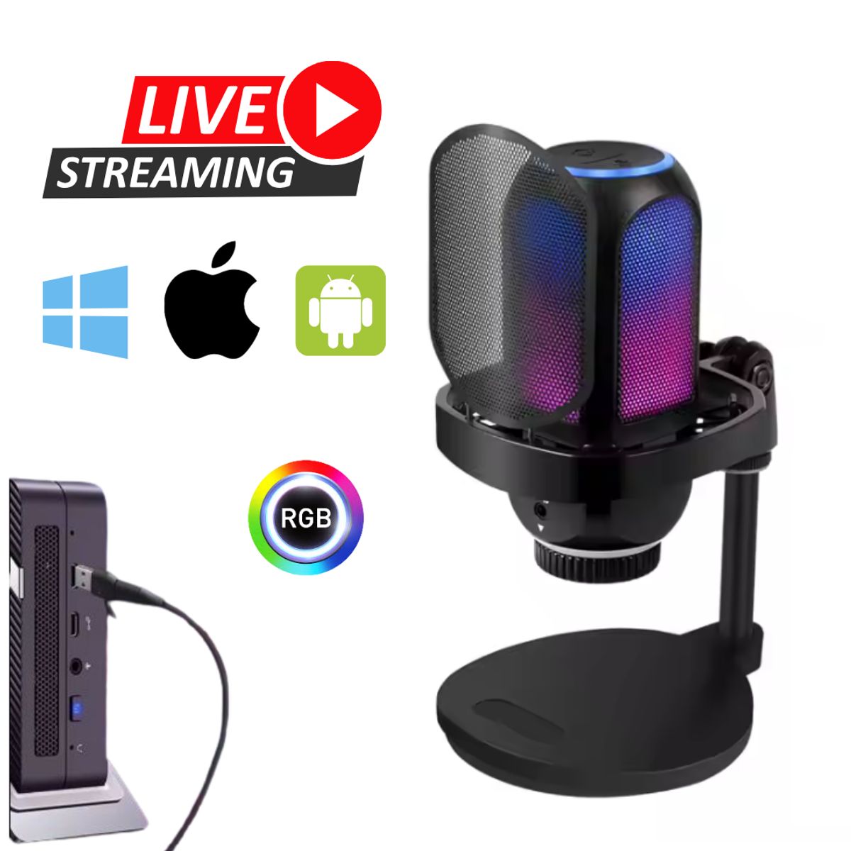 SEISA - Micrófono Condensador RGB Sonido de Alta Calidad Streaming Grabación