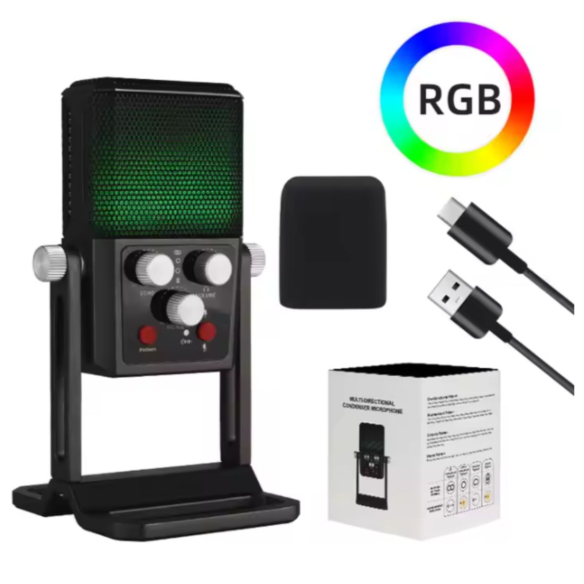 SEISA - Microfono Condensador RGB Profesional Studio Live Streaming Podcast USB PC Notebook Laptop