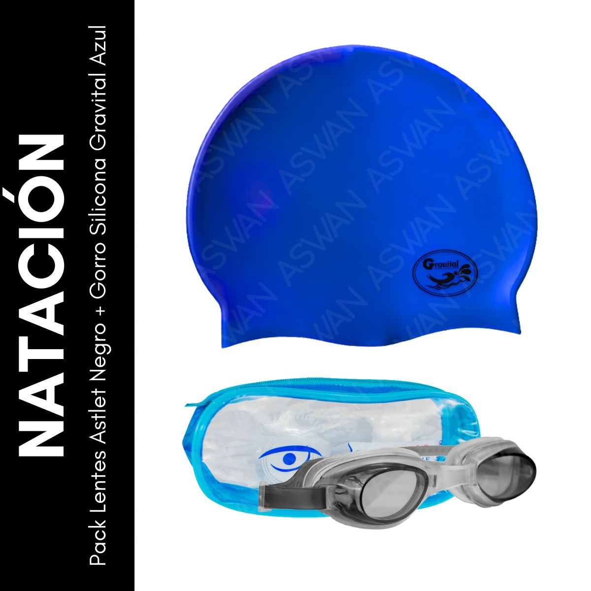 GENERICO - Pack Lentes Astlet Negro + Gorro Silicona Gravital Azul