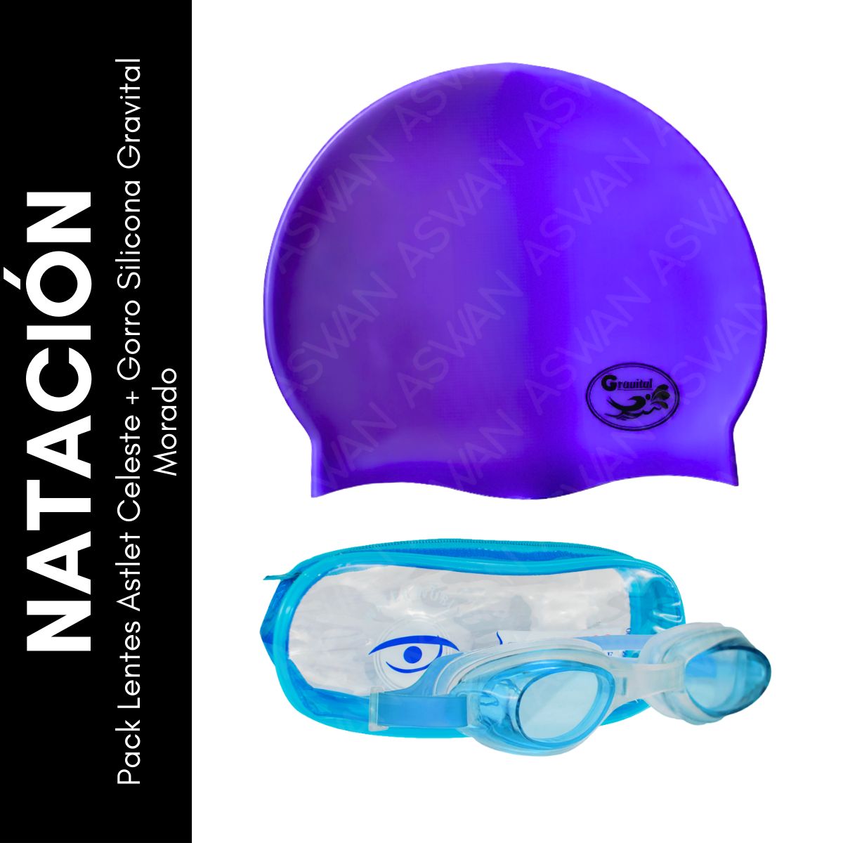 GENERICO - Pack Lentes Astlet Celeste + Gorro Silicona Gravital Morado