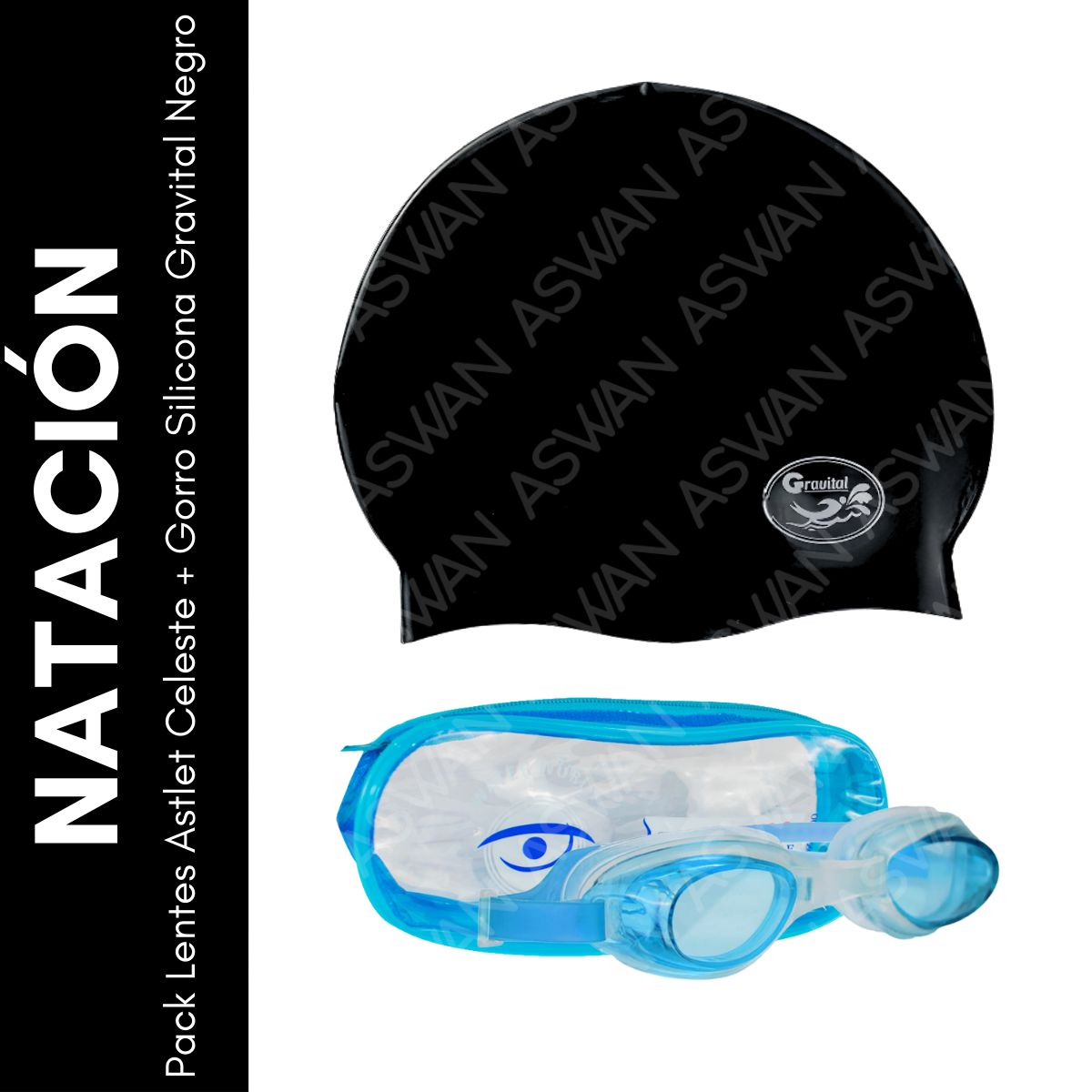 GENERICO - Pack Lentes Astlet Celeste + Gorro Silicona Gravital Negro