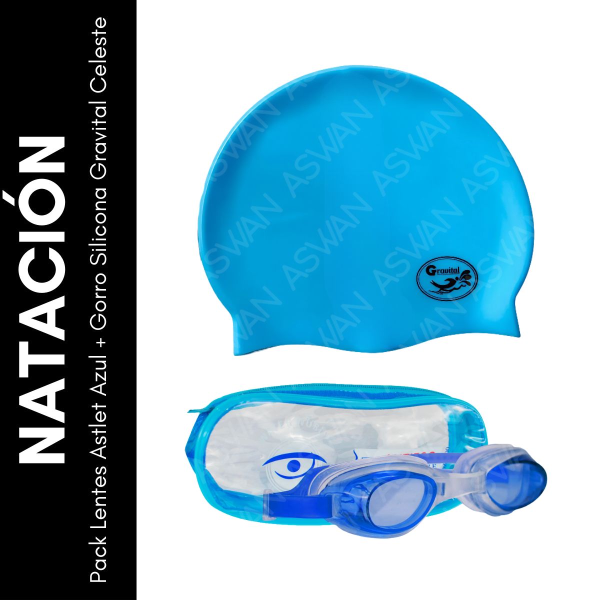 GENERICO - Pack Lentes Astlet Azul + Gorro Silicona Gravital Celeste