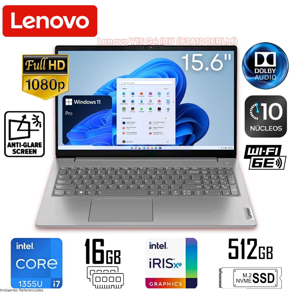 LENOVO - Laptop Lenovo V15 G4 IRU 83A100ERLM Intel Core i7-1355U 16GB RAM 512GB SSD IntelIrisXeGraphics 15.6 FHD
