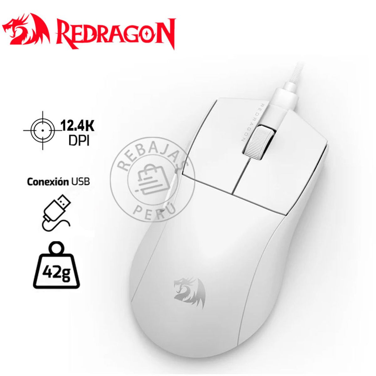 REDRAGON - Mouse Gaming Redragon K1NG M724W Cableado 12,400 DPI Blanco 1K Hz