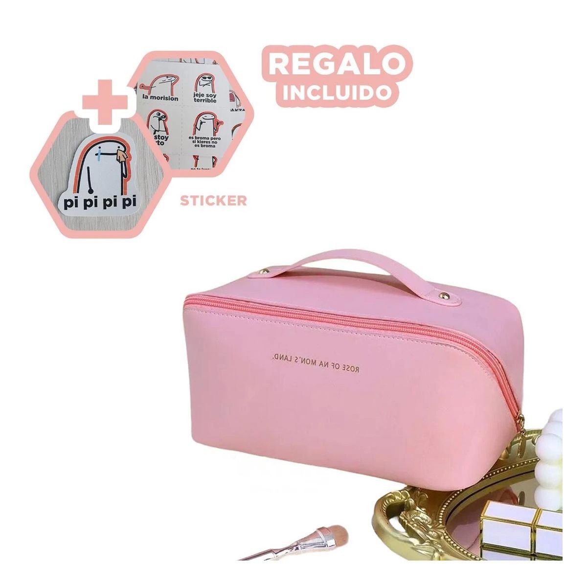 GENERICO - Neceser de Viaje para Cosmeticos en Rosado Y+Regalo Stickers