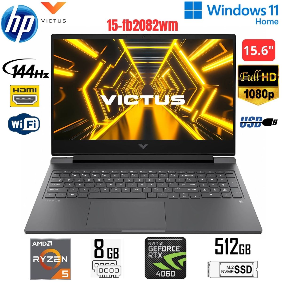 HP - Laptop HP Victus 8GB 512GB SSD 156 FHD RTX 4050-6gb w11 home 15-fb2082wm A14MNUA#ABA