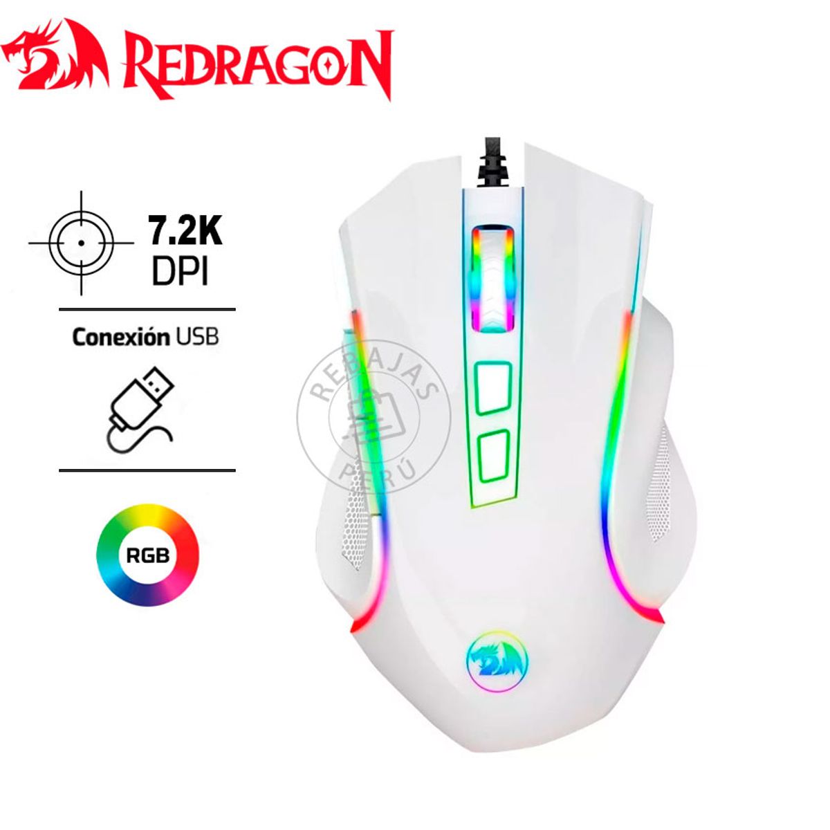 REDRAGON - Mouse Redragon Griffin M607W Blanco 7200 DPI RGB 7 Botones Gaming