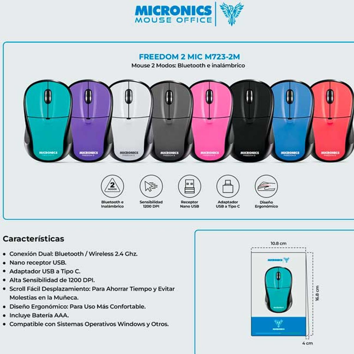 MICRONICS - Mouse Inalámbrico Mocronics Freedom 2 MIC M723-2M Bluetooth 2.4GHz