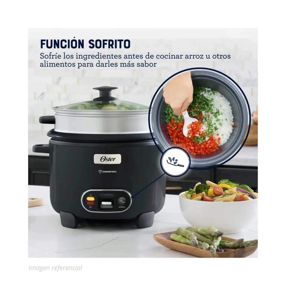 OSTER - Arrocera Oster 3 en 1 de 1.8 Litros con Función Sofrito y Vaporera