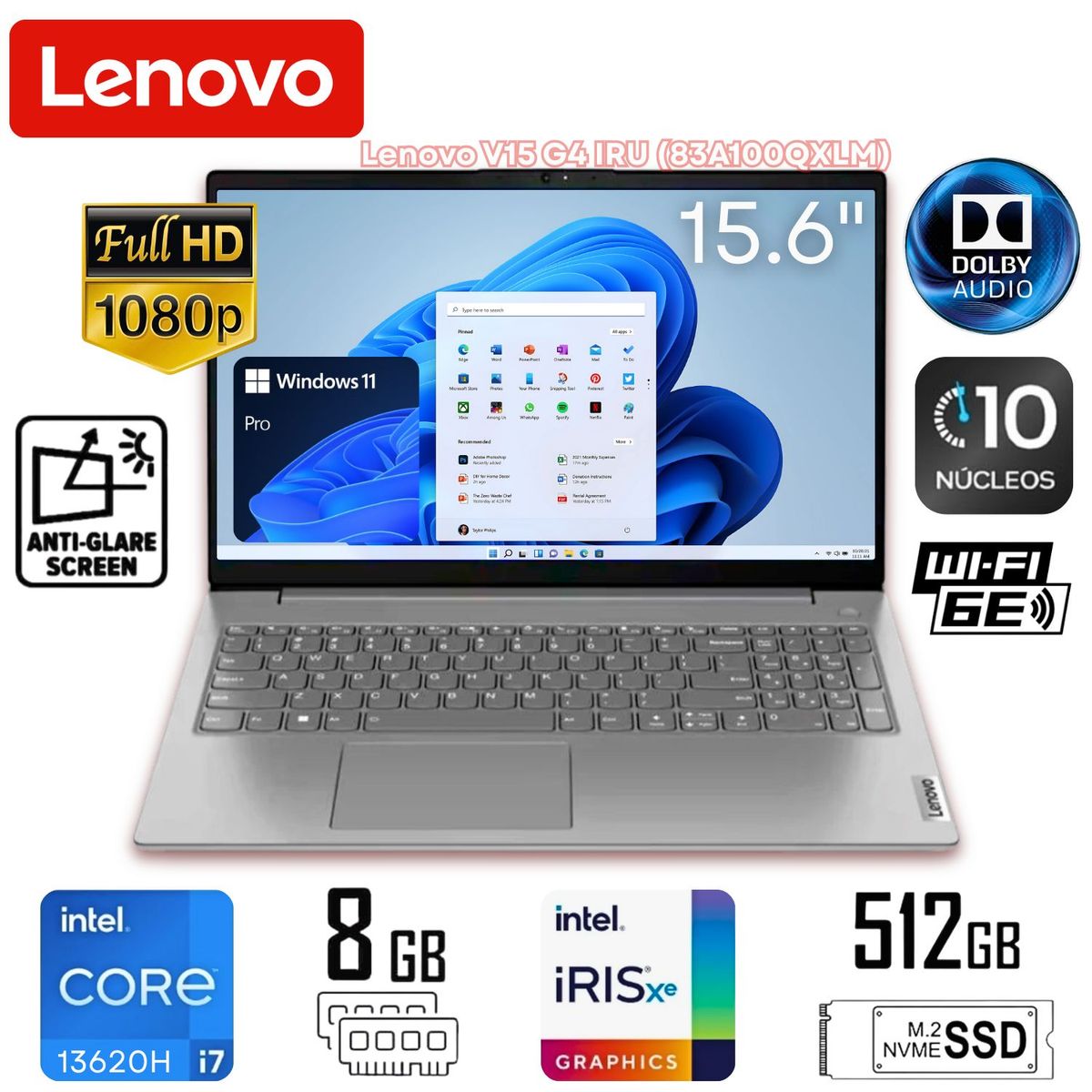 LENOVO - Laptop Lenovo V15 G4 IRU 83A100QXLM Intel® Core™ i7-13620H 8GB RAM 512GB SSD Intel® Iris® Xe Graphics
