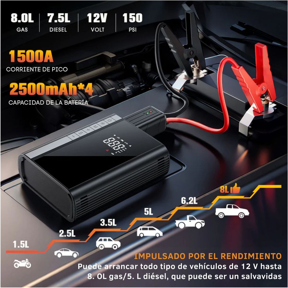 OEM - Arrancador Portátil con Compresor 150 PSI + Power Bank + LED – Arranca Autos, SUVs y Camionetas