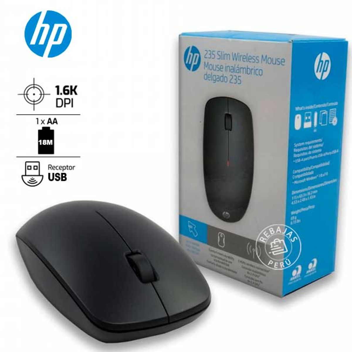 HP - Mouse HP 235 Slim Inalámbrico USB Negro 1600 DPI con Receptor USB