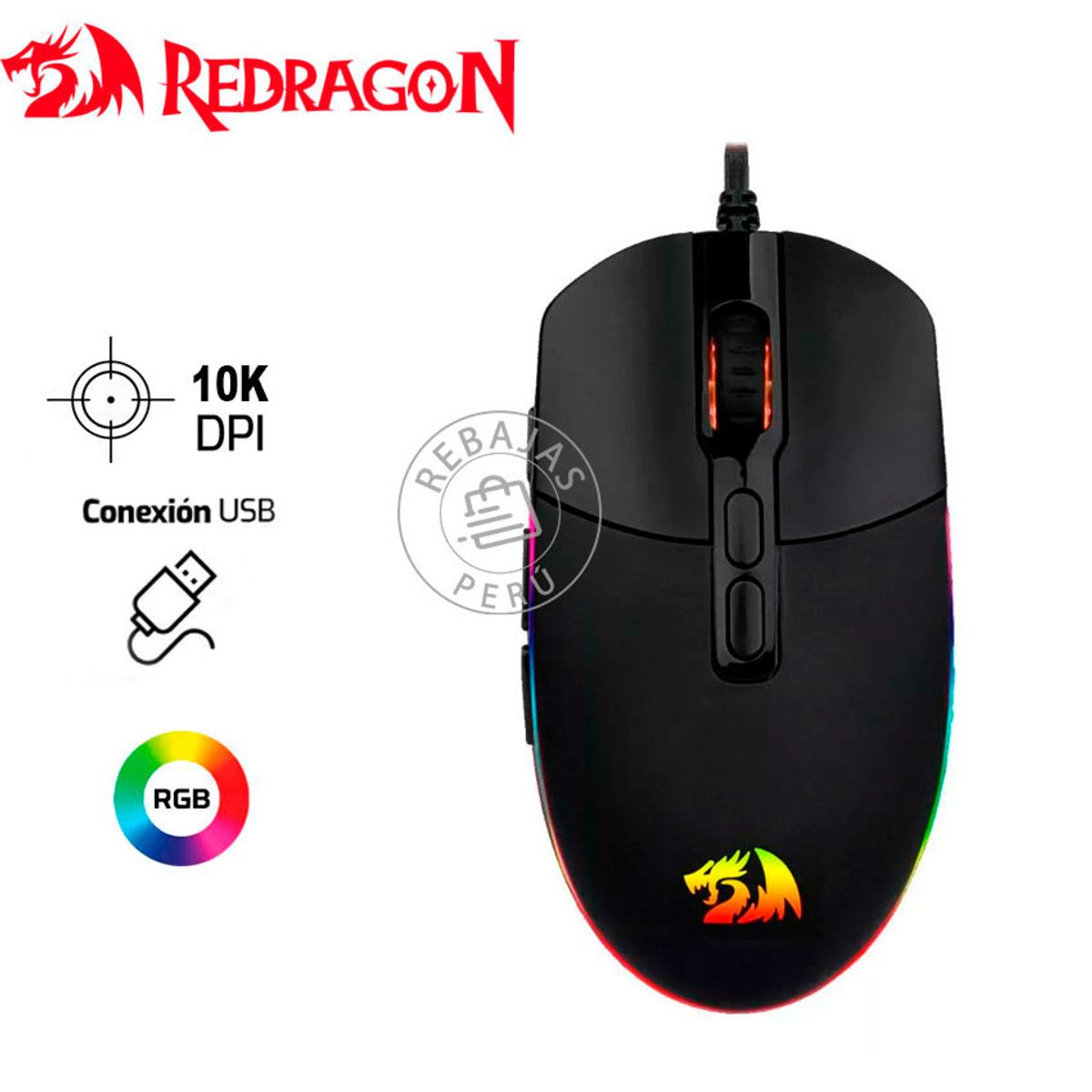 REDRAGON - Mouse Redragon INVADER M719 Cableado 10,000 DPI RGB Negro Gamer