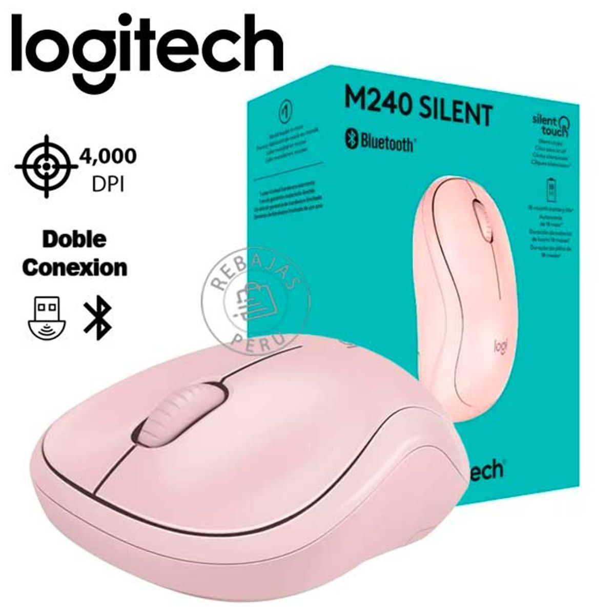 LOGITECH - Mouse Logitech M240 Silent Bluetooth Rosado 4000 DPI Inalámbrico