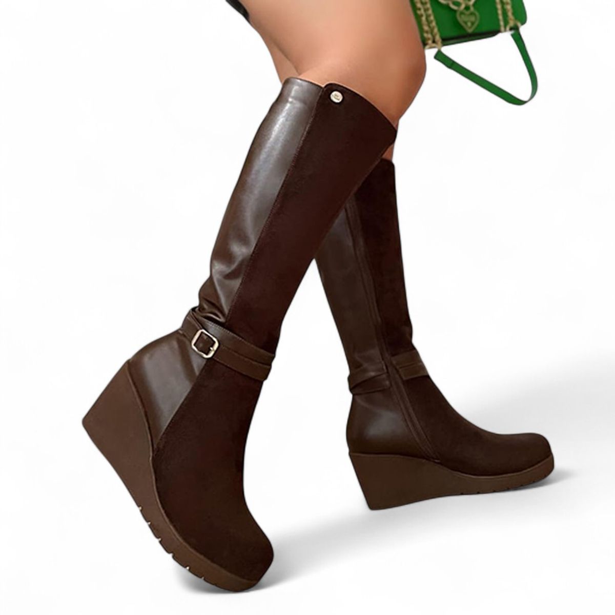 GENERICO - Bota Mujer Cuña 7 Mix Gamuza 2086-70 Color Marron