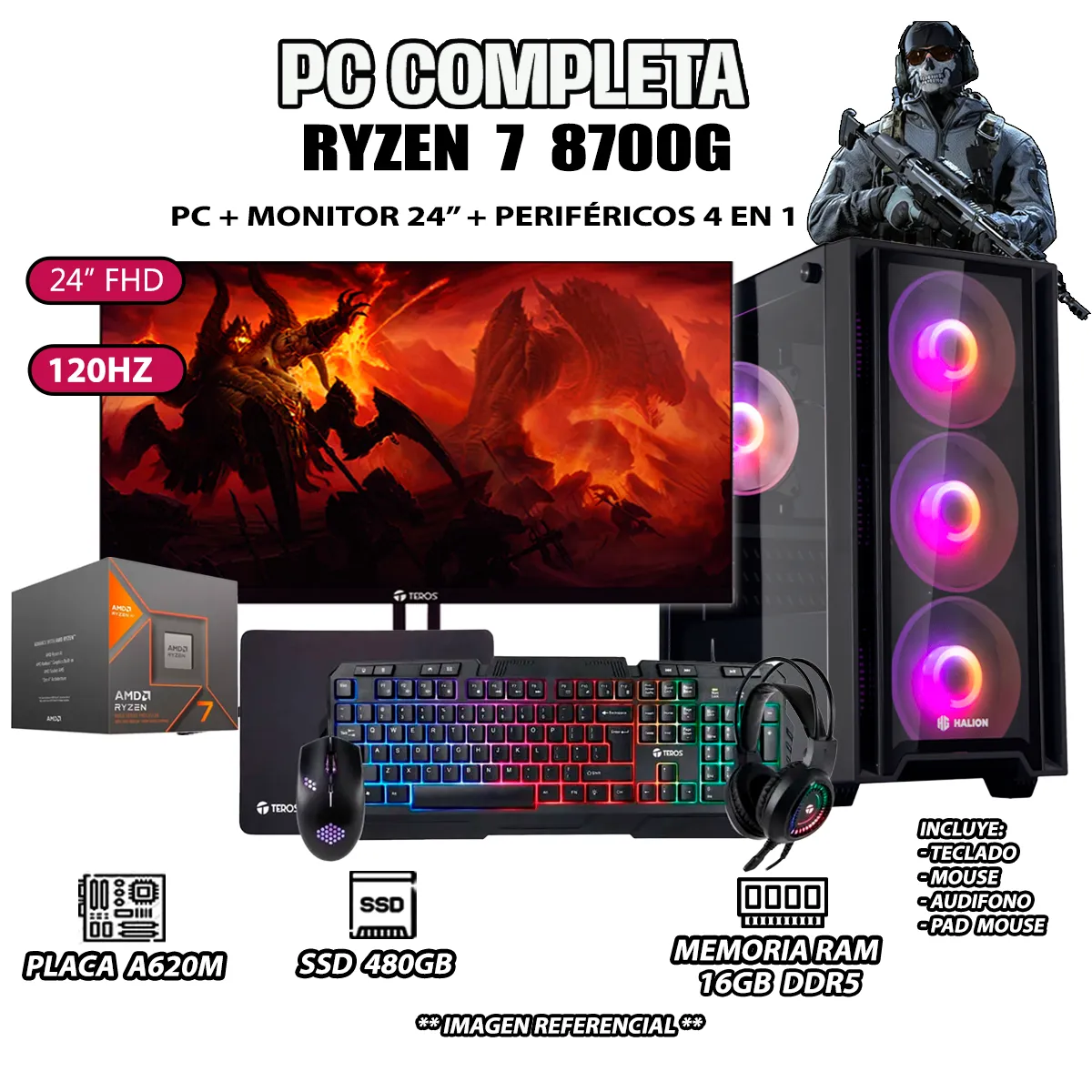 AMD - Computadora PC Completa Ryzen 7 8700G RAM 16GB SSD 500GB MONITOR 24" FULL HD