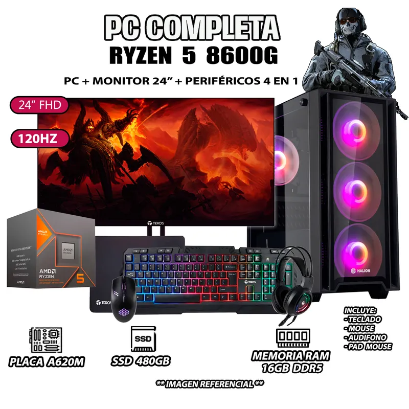 AMD - Computadora PC Completa Ryzen 5 8600G RAM 16GB SSD 500GB MONITOR 24" FULL HD