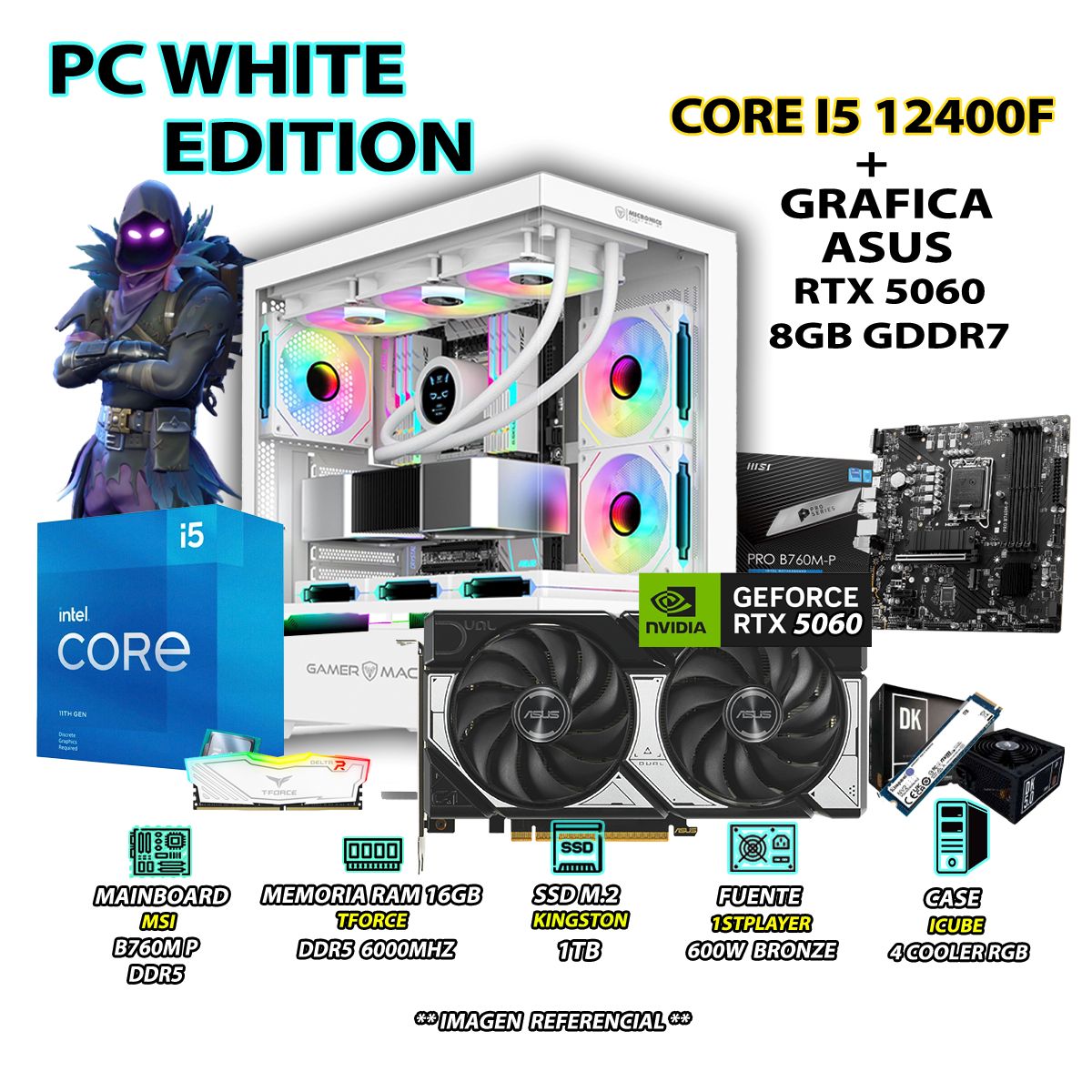 INTEL - Computadora PC Gamer Intel Core i5 12400F RAM 16GB DDR5 SSD 1TB RTX 5060 8GB