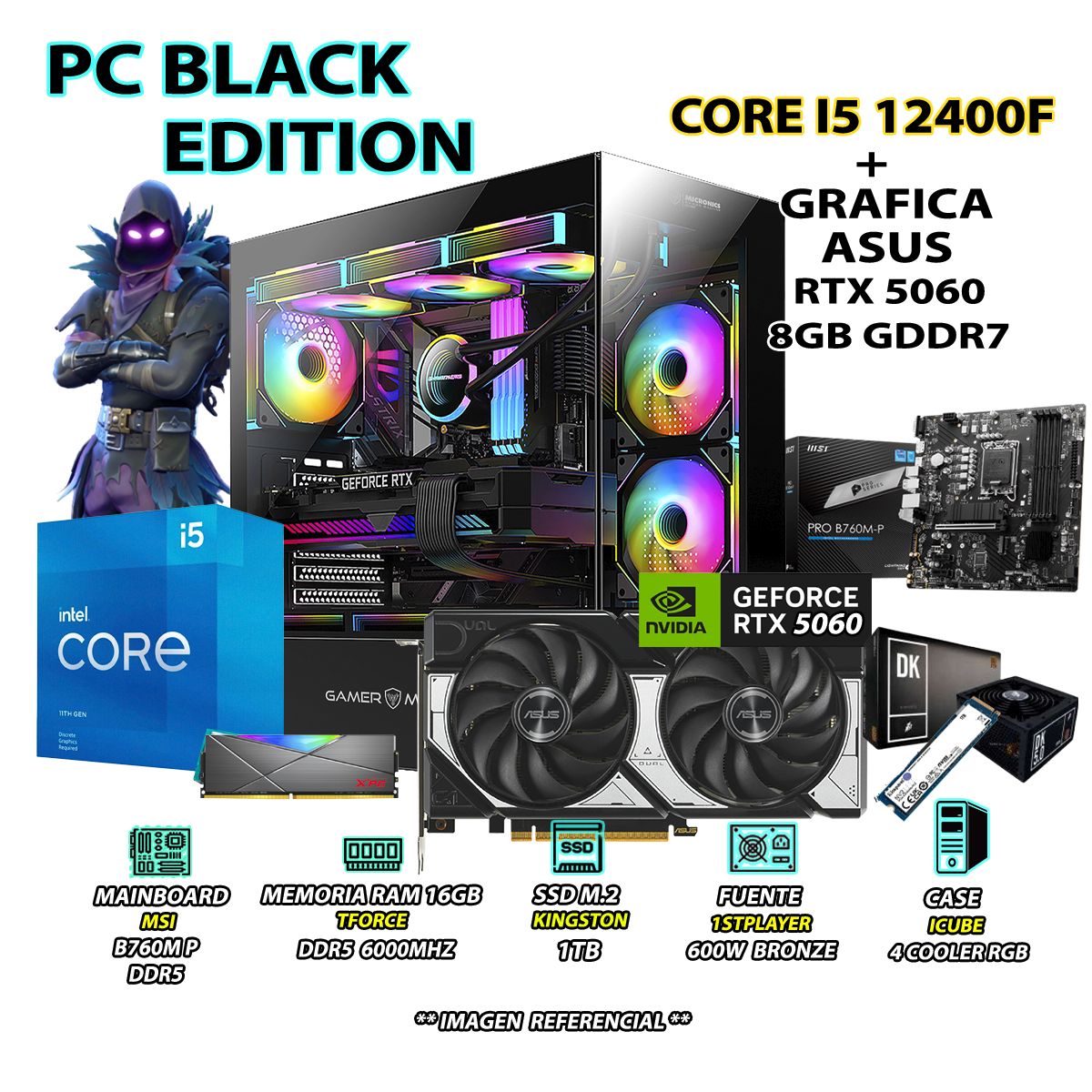 INTEL - Computadora PC Gamer Intel Core i5 12400F RAM 16GB DDR5 SSD 1TB RTX 5060 8GB
