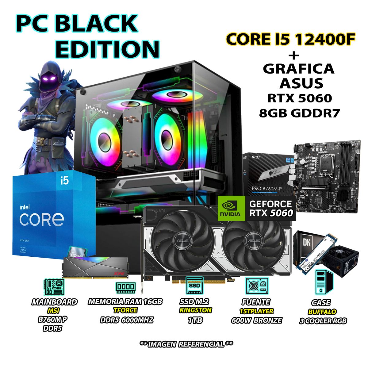 INTEL - Computadora PC Gamer Intel Core i5 12400F RAM 16GB DDR5 SSD 1TB RTX 5060 8GB