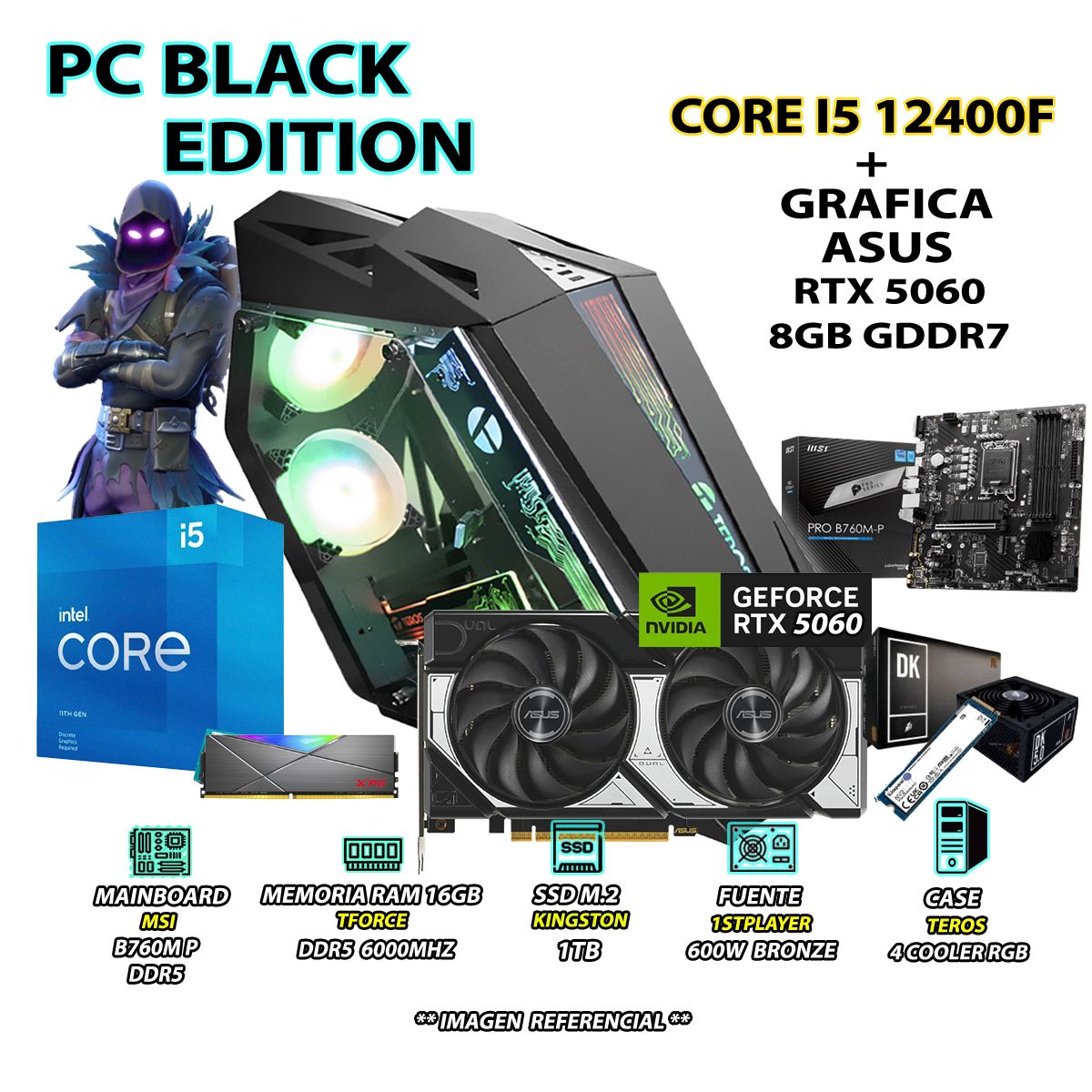 INTEL - Computadora PC Gamer Intel Core i5 12400F RAM 16GB DDR5 SSD 1TB RTX 5060 8GB