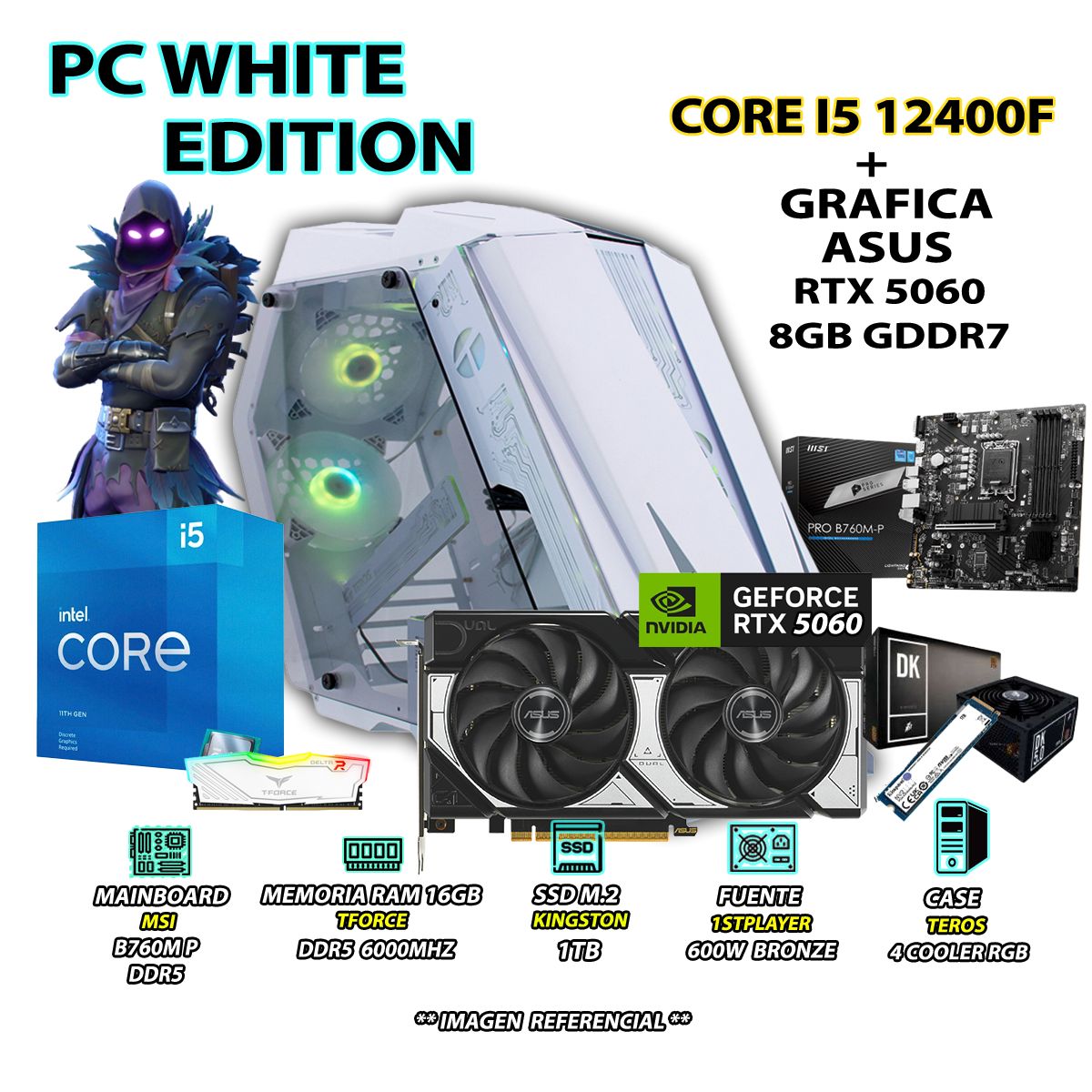 INTEL - Computadora PC Gamer Intel Core i5 12400F RAM 16GB DDR5 SSD 1TB RTX 5060 8GB