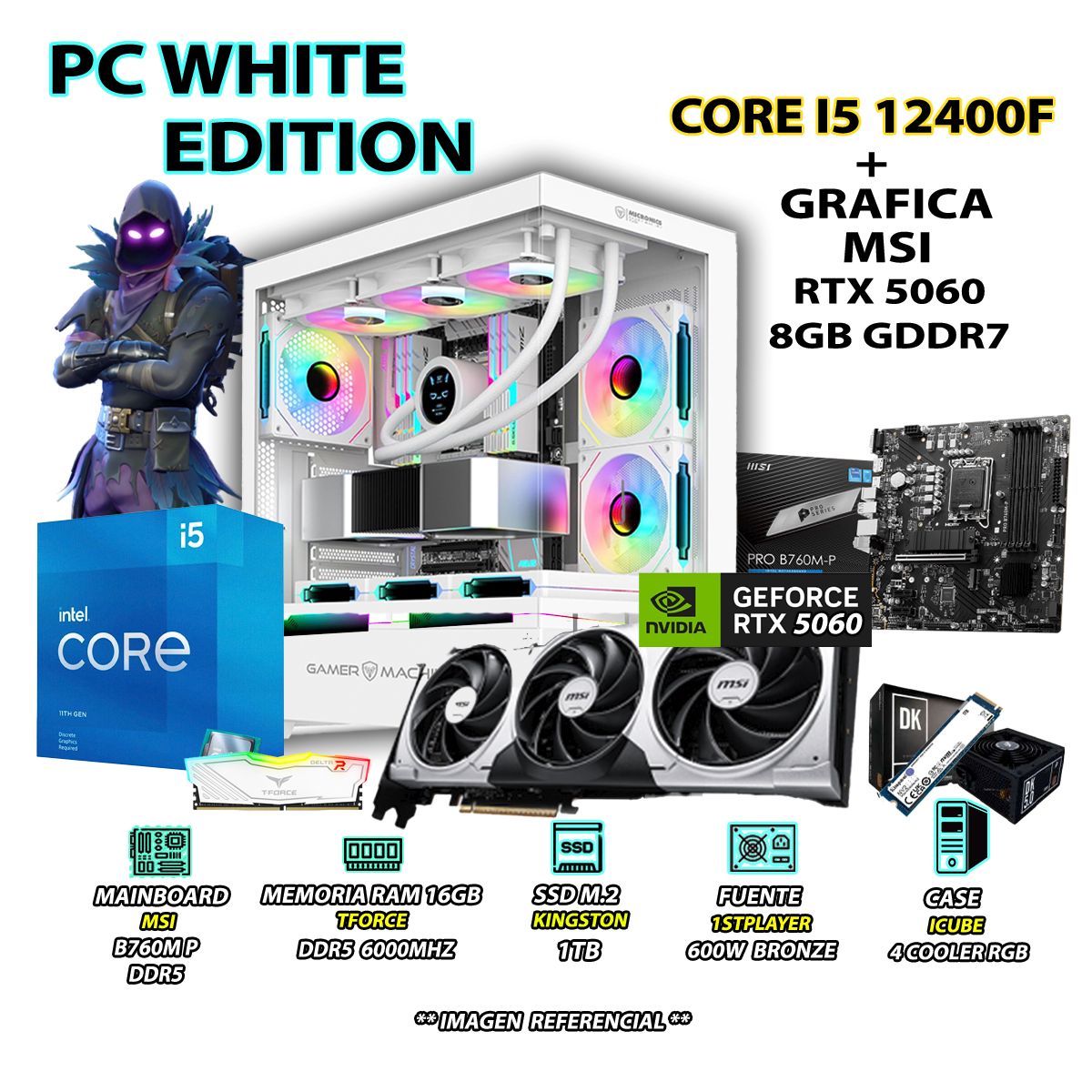 INTEL - Computadora PC Gamer Intel Core i5 12400F RAM 16GB DDR5 SSD 1TB RTX 5060 8GB