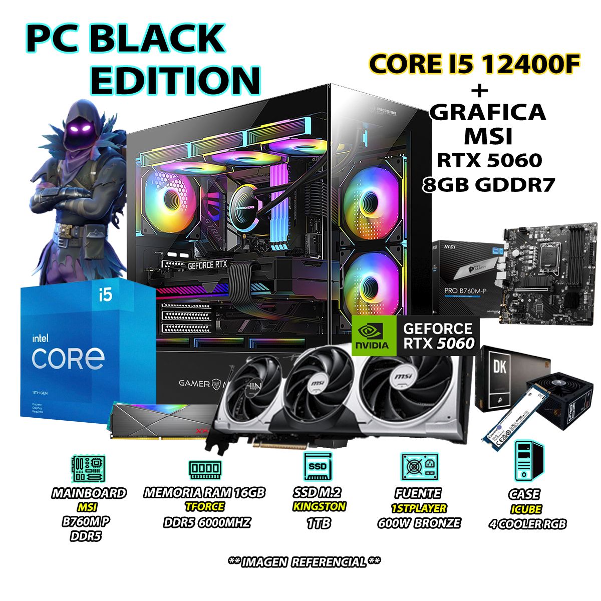 INTEL - Computadora PC Gamer Intel Core i5 12400F RAM 16GB DDR5 SSD 1TB RTX 5060 8GB