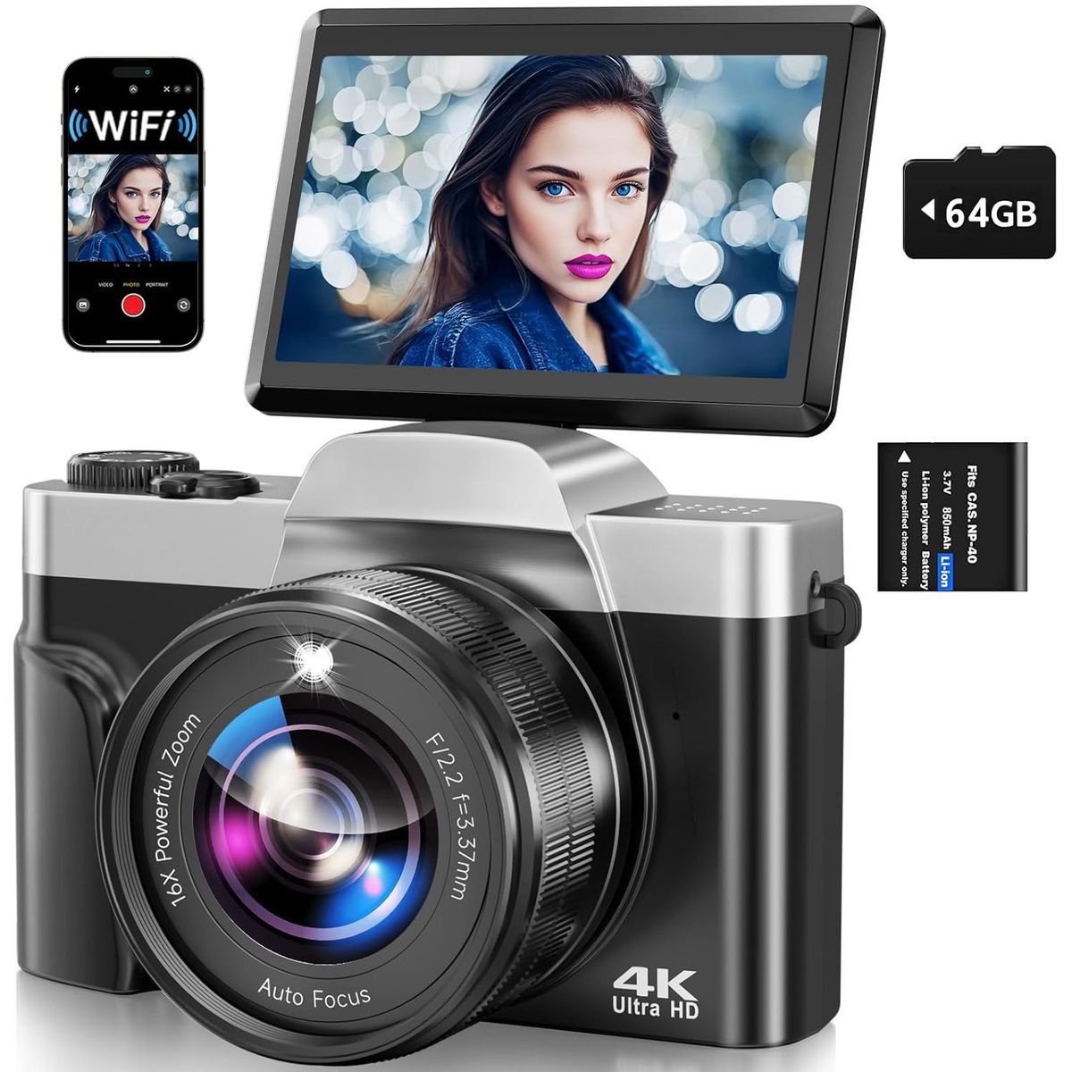 RENVMEXY - Cámara Digital 4K WiFi 64MP Zoom 16X Selfie con Pantalla Giratoria
