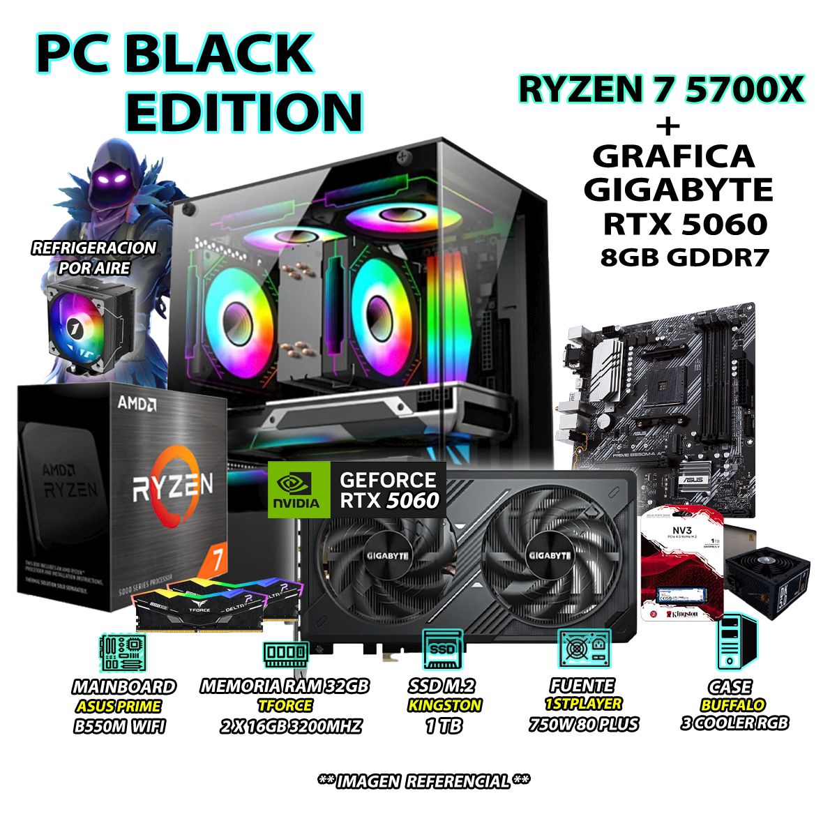 AMD - Computadora PC RYZEN 7 5700X RAM 32GB SSD 1TB GRAFICA RTX 5060 8GB