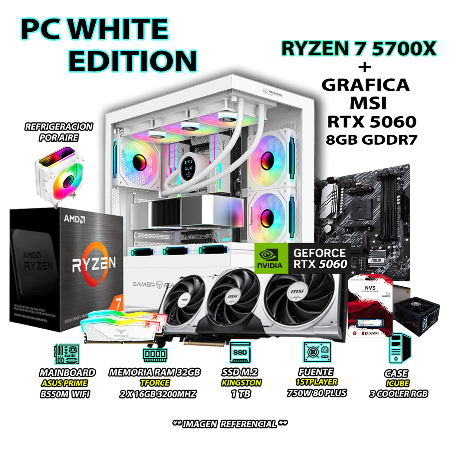 Computadora PC RYZEN 7 5700X RAM 32GB SSD 1TB GRAFICA RTX 5060 8GB
