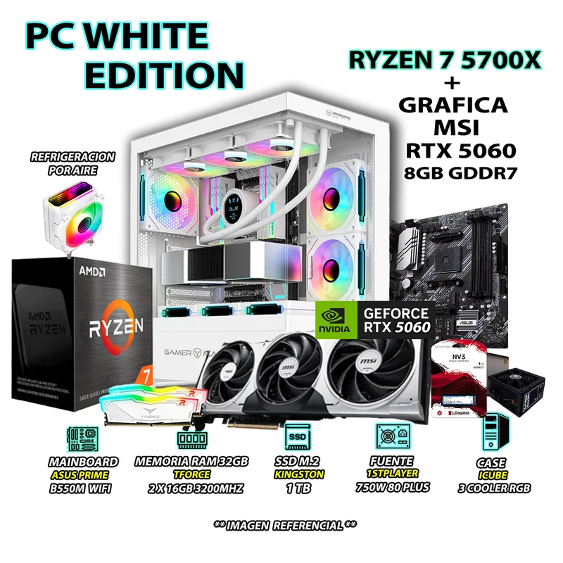 AMD - Computadora PC RYZEN 7 5700X RAM 32GB SSD 1TB GRAFICA RTX 5060 8GB
