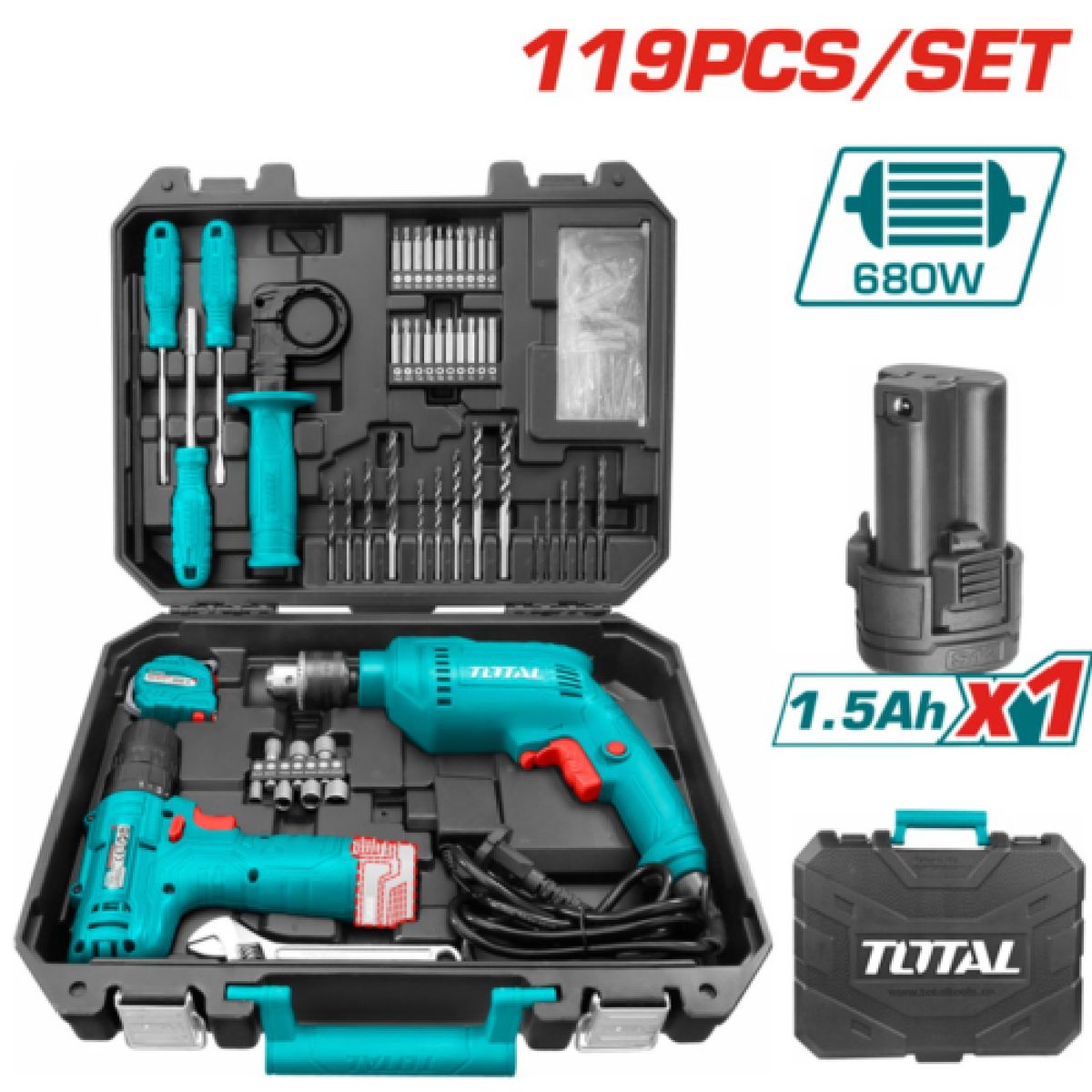 TOTAL TOOLS - Kit de Herramientas con Taladro Percutor y Destornillador-THKTHP1192