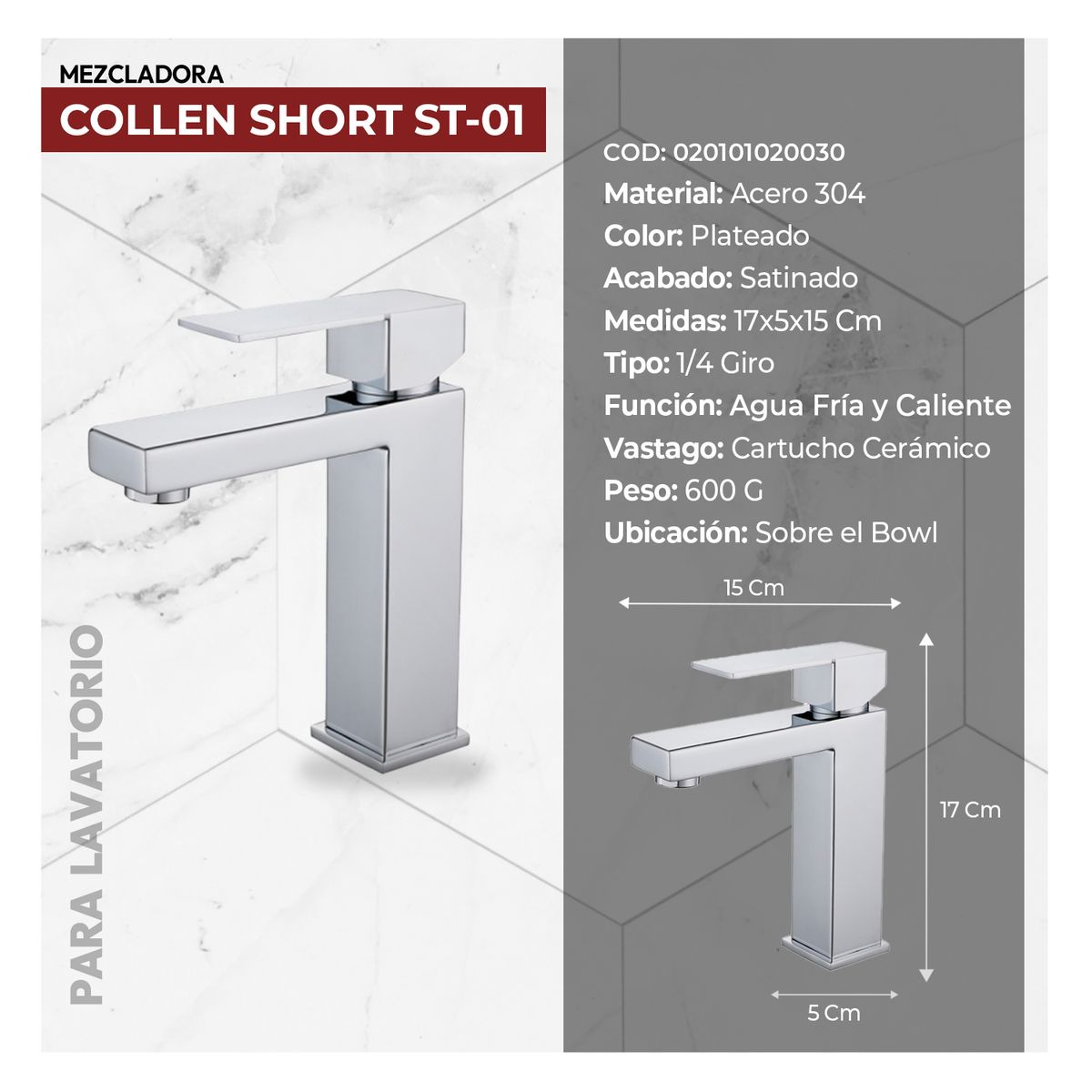 STONE - MEZCLADORA MONOCOMANDO PBOWL COLLEN SHORT ST-01 CROMADO STONE