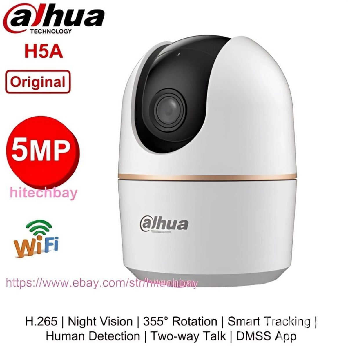 DAHUA - H5A 5MP Focal fija para interiores Wi-Fi Pan Cámara de red inclinable