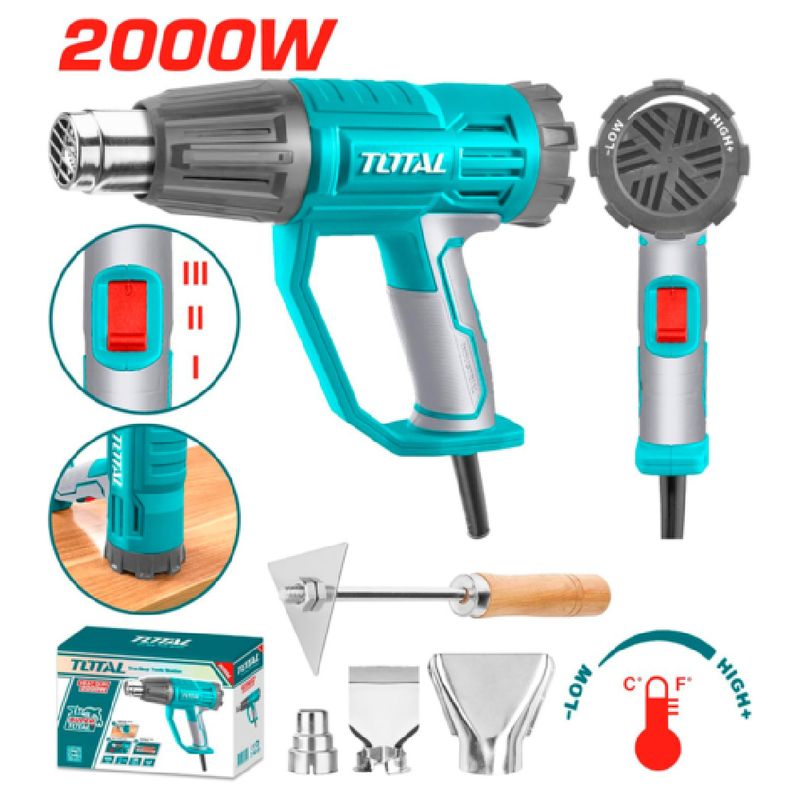 TOTAL TOOLS - PISTOLA DE CALOR 2000W 450LMIN 50-550C RANGO AJUSTABLE INDUSTRIAL