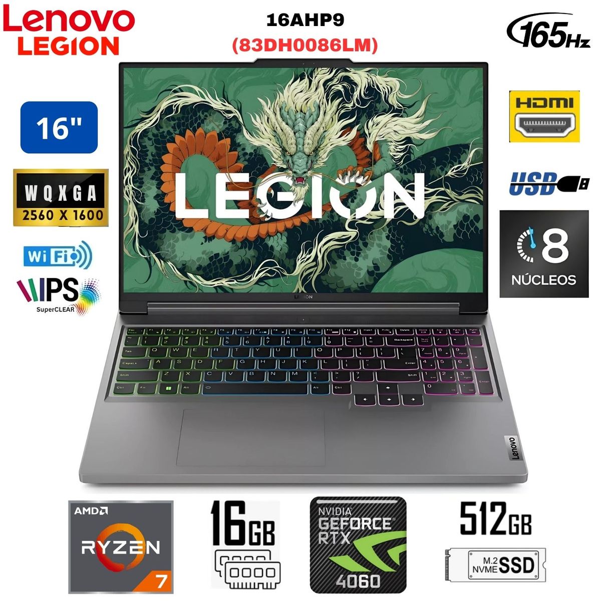 LENOVO - Laptop Lenovo Legion SLIM5 16AHP9 AMD Ryzen 7-8845HS 16WQXGA IPS 16GB RAM 512Gb SSD-83DH0086LM