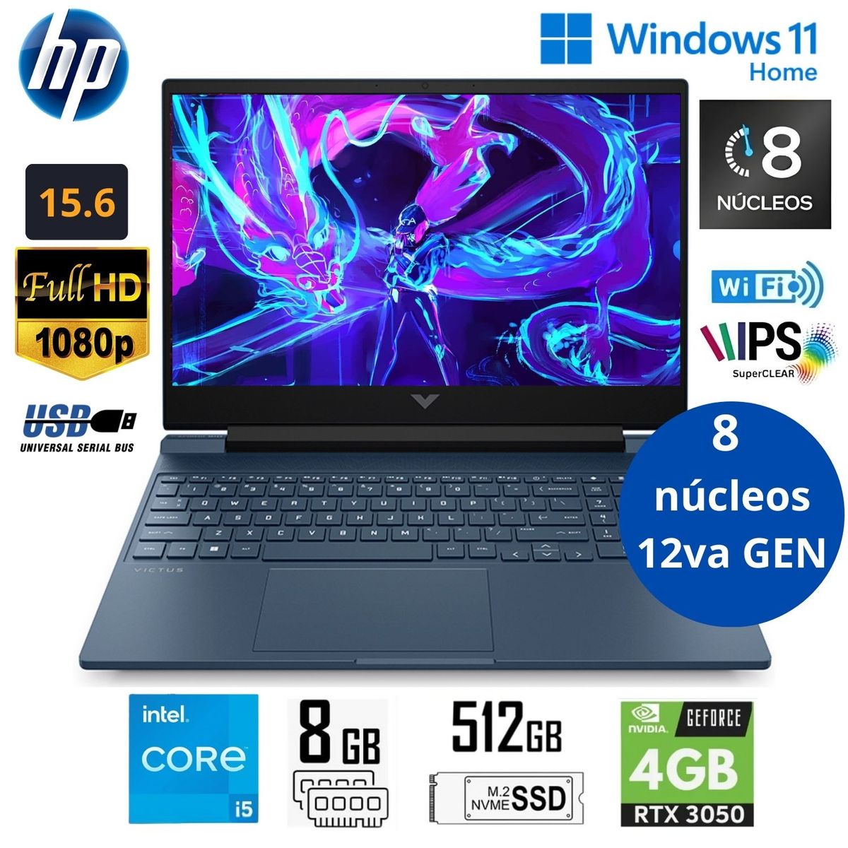 HP - Laptop HP Victus 15-FA0021LA Intel Core i5 12450H 8GB RAM 512GB SSD RTX 3050 4GB 15.6" Win11 A14LCLA