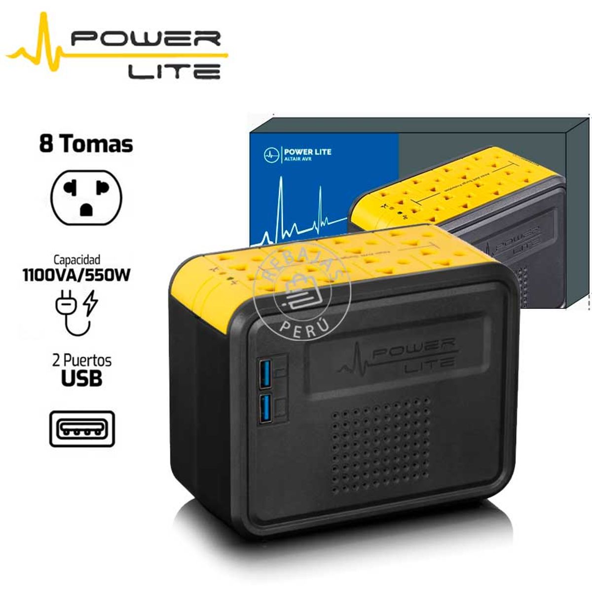 POWER LITE - Estabilizador Altair PLI 1100 1100VA/550W con 8 Salidas USB y Tipo C