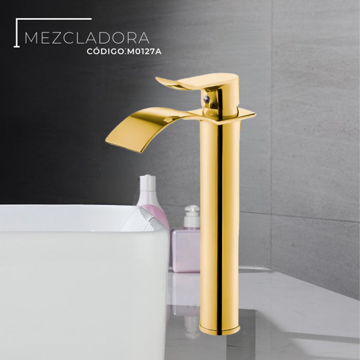XM - MEZCLADORA  MONOCOMANDO PARA LAVATORIO ALTO CASCADA DORADO M0127A