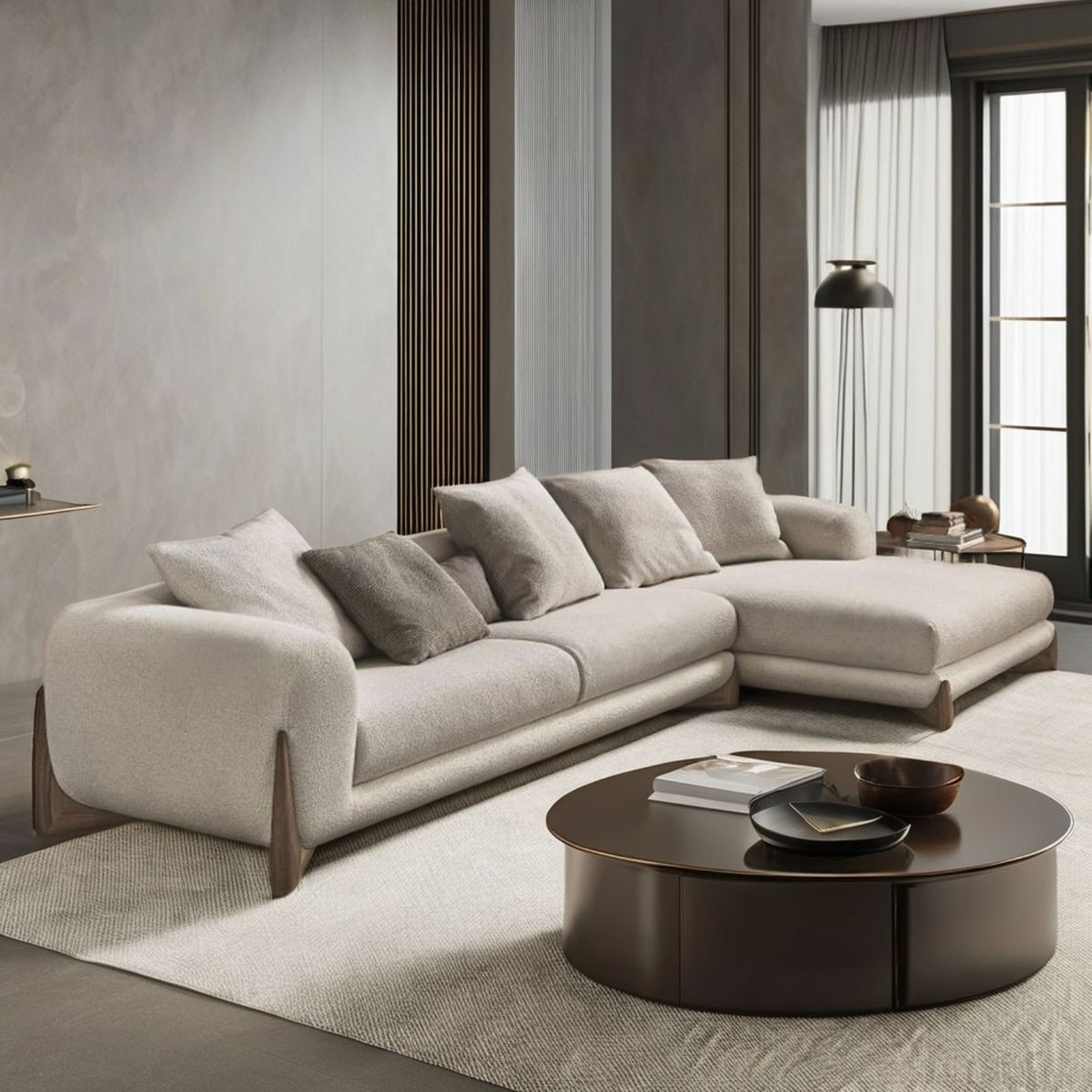 GENERICO - Seccional Derecho Japandi en tela boucle ovejero color marfil