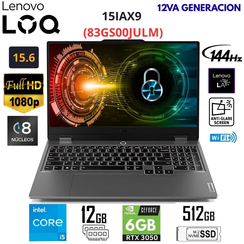 LENOVO - Laptop Lenovo LOQ Intel Core i5-12450HX 12GB RAM DDR5 512GB SSD 15.6"  FHD - 83GS00JULM